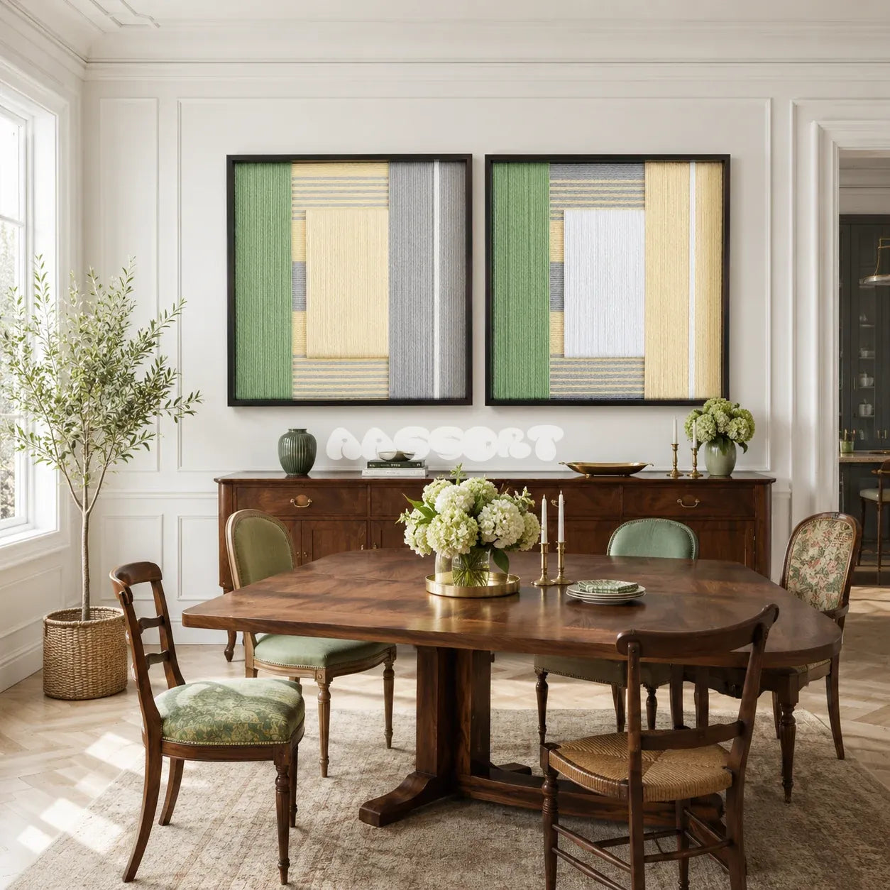 Sun-Baked soft cotton cord geometric diptych displayed in a bright sunlit contemporary living space.