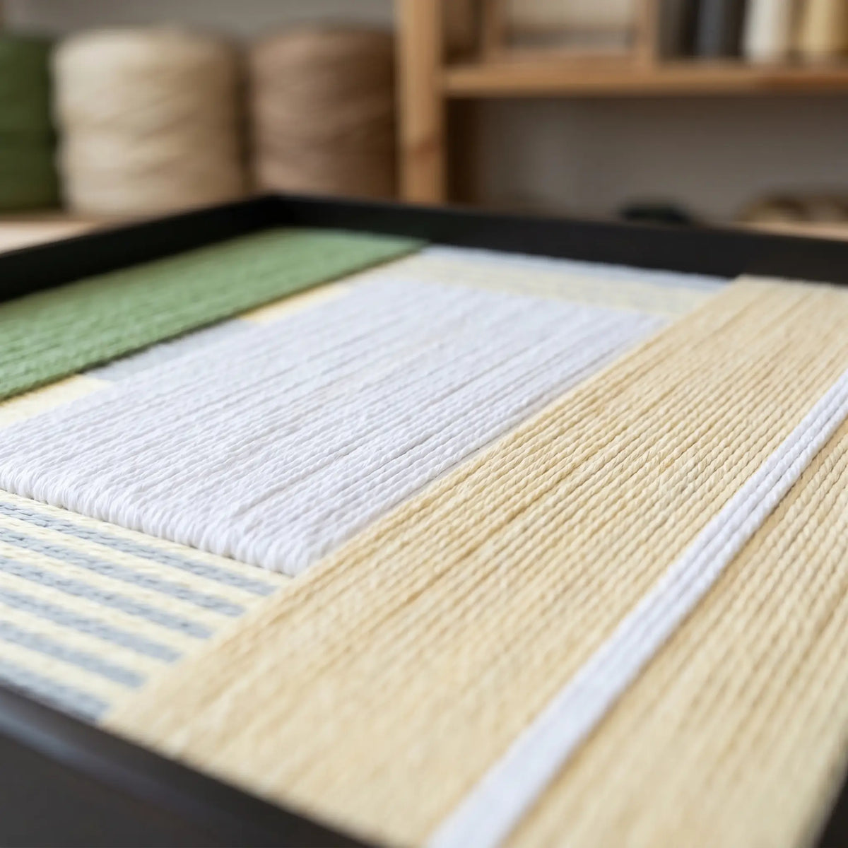 Macro detail of Sun-Baked textured textile art highlighting precise geometric layering and textured yarn.