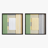 Front studio view of the Sun-Baked textile art pair with yellow, white, and sage green geometric designs in black frames on a white background.