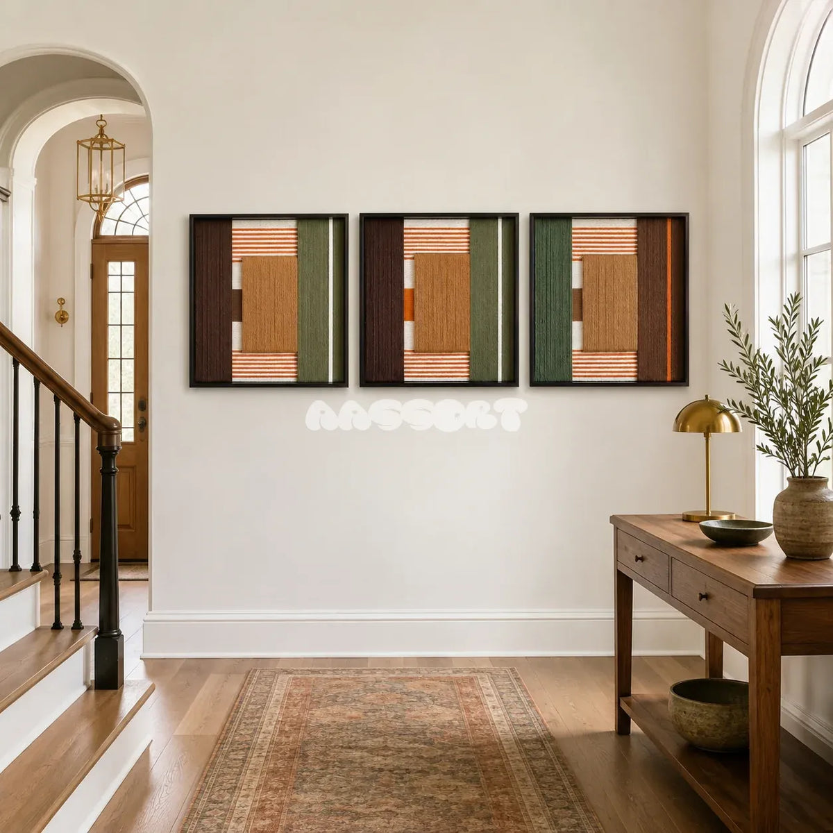 Framed Sylvan Glow textile wall art with army green, citrus orange, umber, and sand blocks in a refined room.