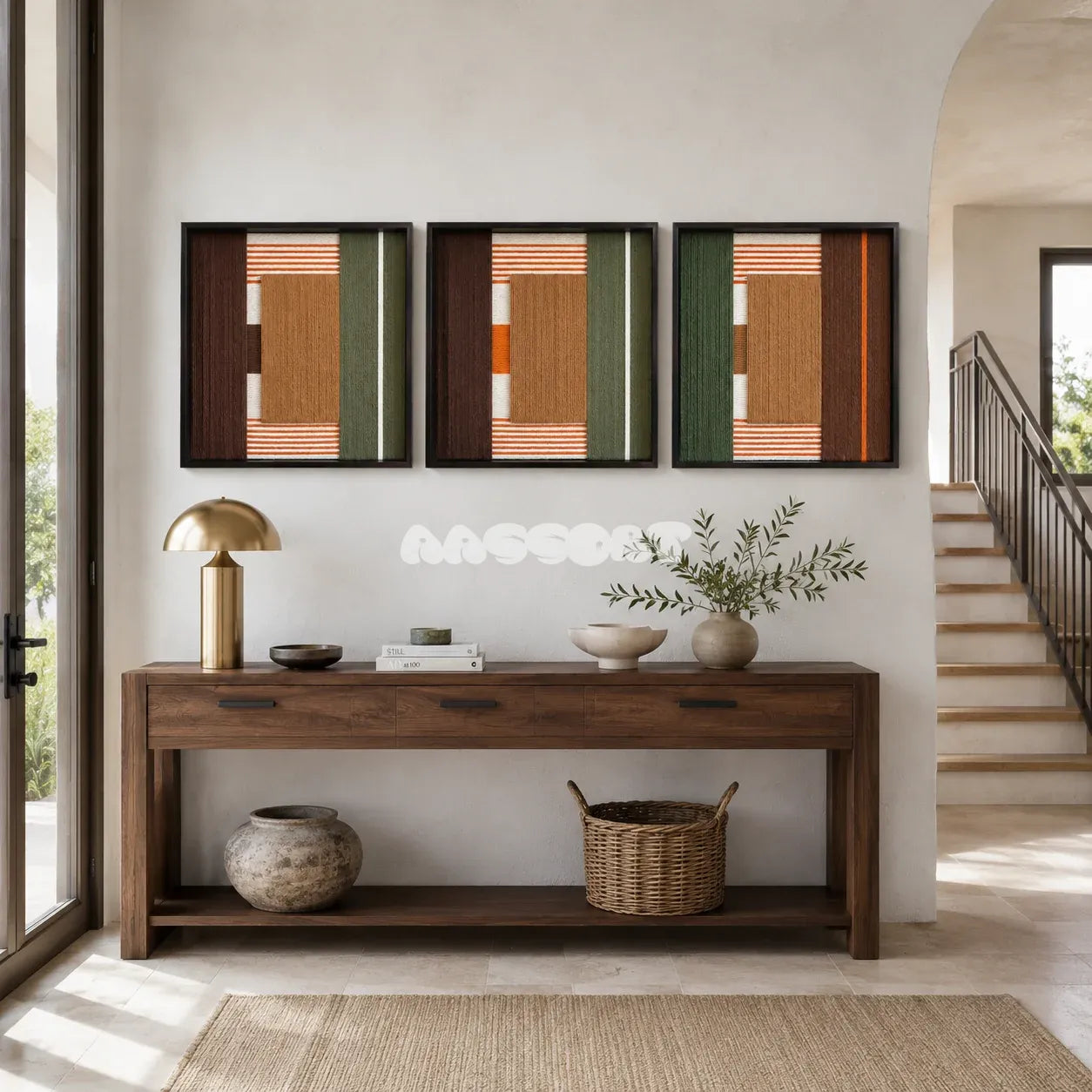 Sylvan Glow tactile yarn wall decor bringing forest-inspired earth tones and energetic orange to a modern interior.