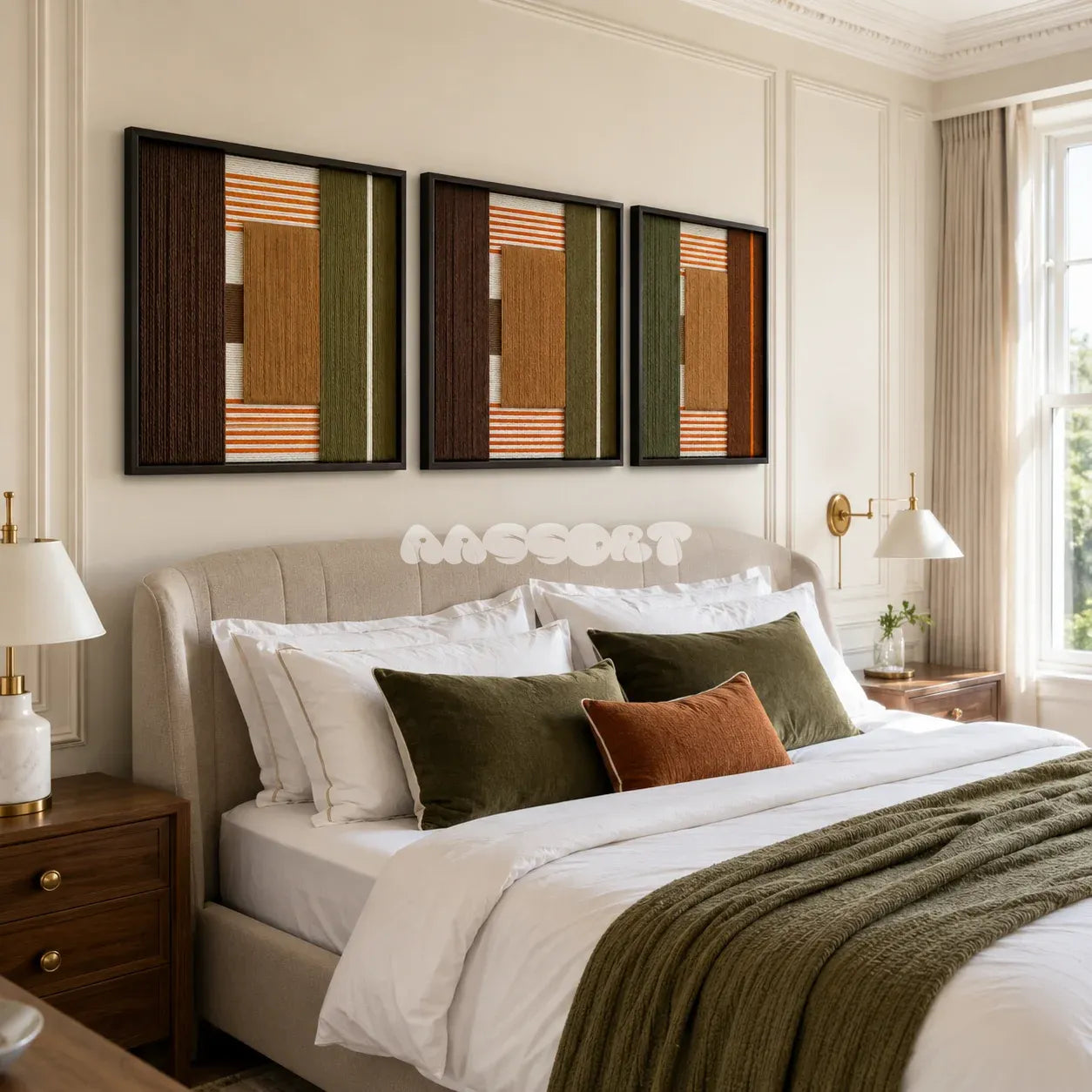 Sylvan Glow soft cotton cord geometric triptych displayed in a sophisticated contemporary living space.