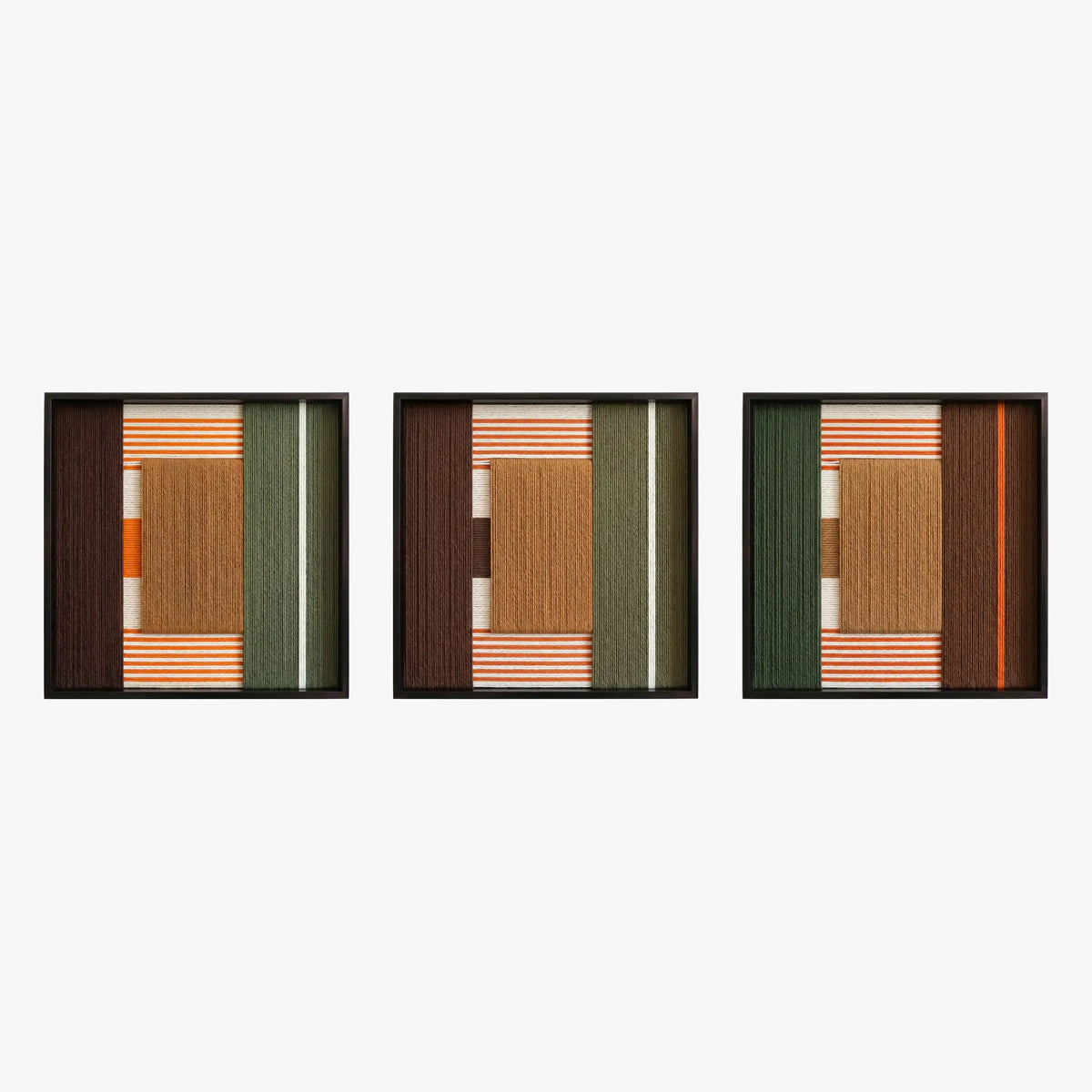 Front studio view of the Sylvan Glow triptych with three square textured wall art pieces in green, tan, rust, and black frames on a white background.