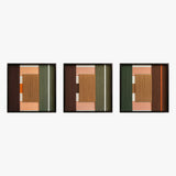 Front studio view of the Sylvan Glow triptych with three square textured wall art pieces in green, tan, rust, and black frames on a white background.