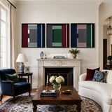 Overture of Dusk and Dawn navy, burgundy, and green textile wall art triptych displayed in a stately modern interior.