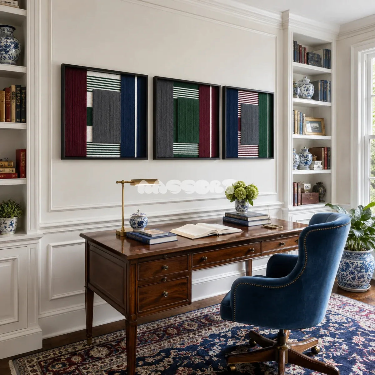 Overture of Dusk and Dawn geometric fiber art set styled as a sophisticated architectural focal point in a contemporary home.