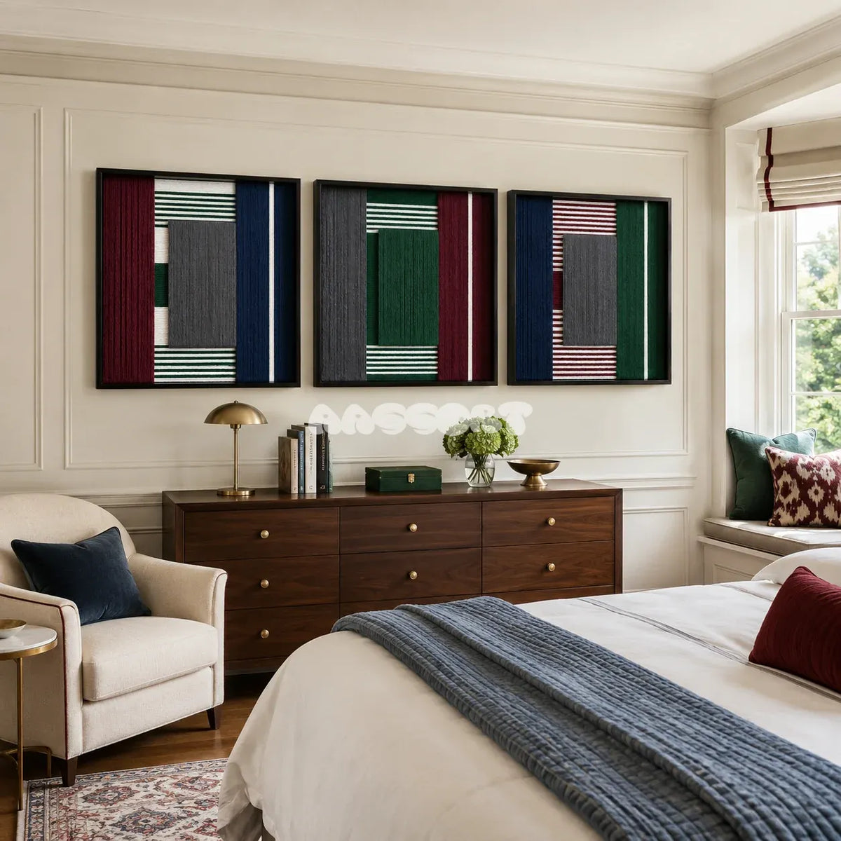 Framed Overture of Dusk and Dawn textile wall art with midnight navy, burgundy, forest green, grey, and white blocks in a refined room.