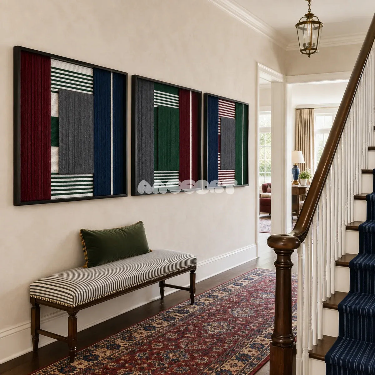 Overture of Dusk and Dawn tactile yarn wall decor bringing moody depth and structured rhythm to a modern interior.