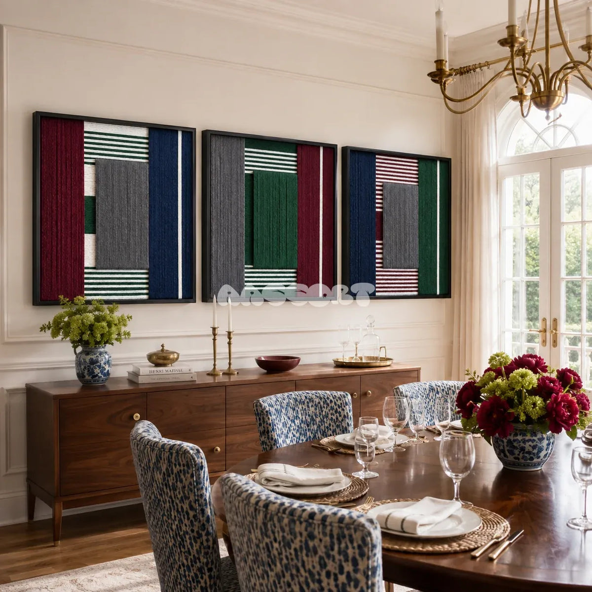 Overture of Dusk and Dawn soft cotton cord geometric triptych displayed in an elegant contemporary living space.