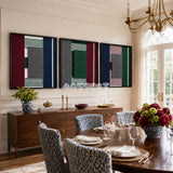 Overture of Dusk and Dawn soft cotton cord geometric triptych displayed in an elegant contemporary living space.