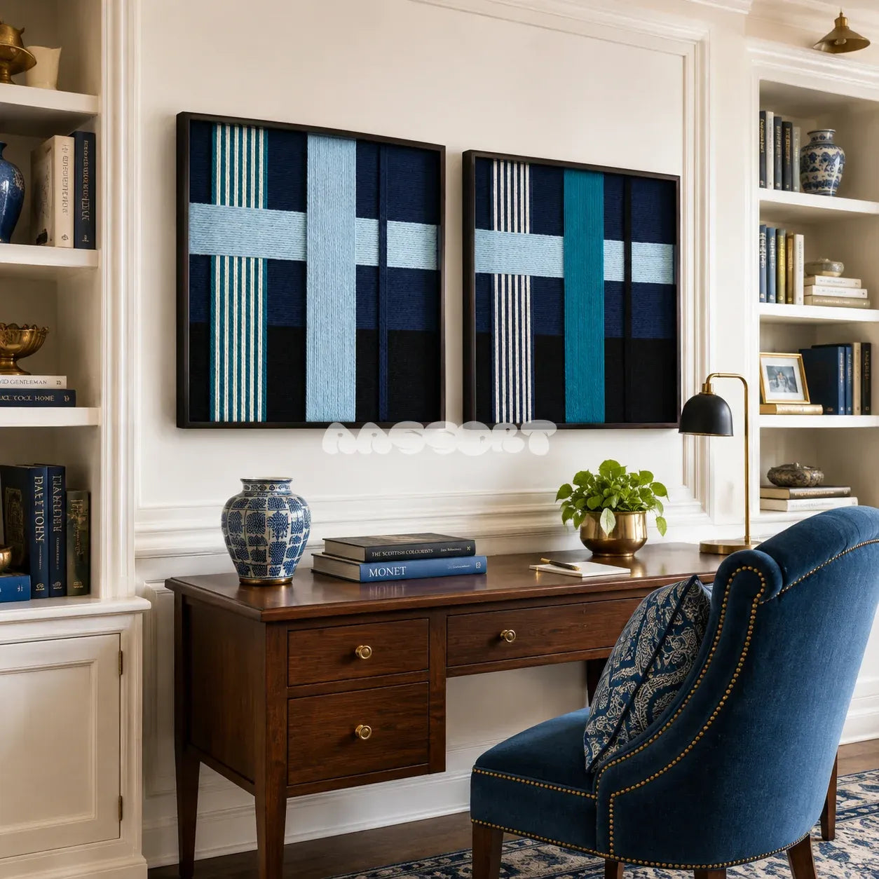 Glacial Stationeries geometric fiber art set styled as a calm architectural focal point in a contemporary home.