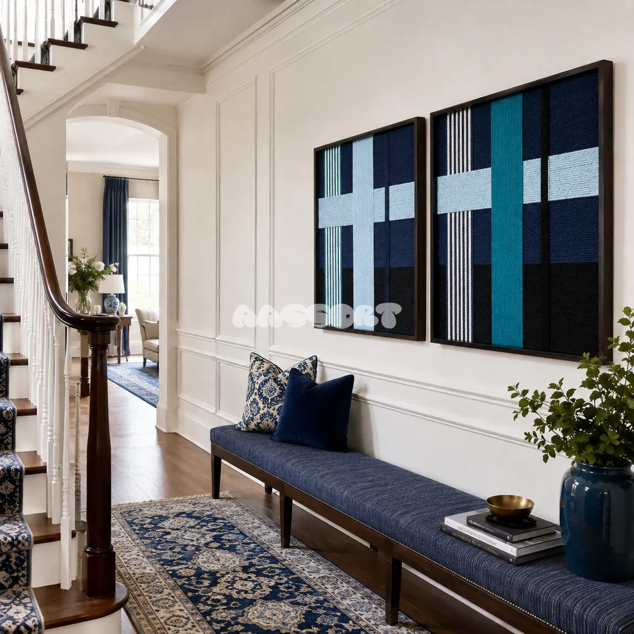 Framed Glacial Stationeries textile wall art with aqua, navy, black, teal, and off-white geometry in a refined room.