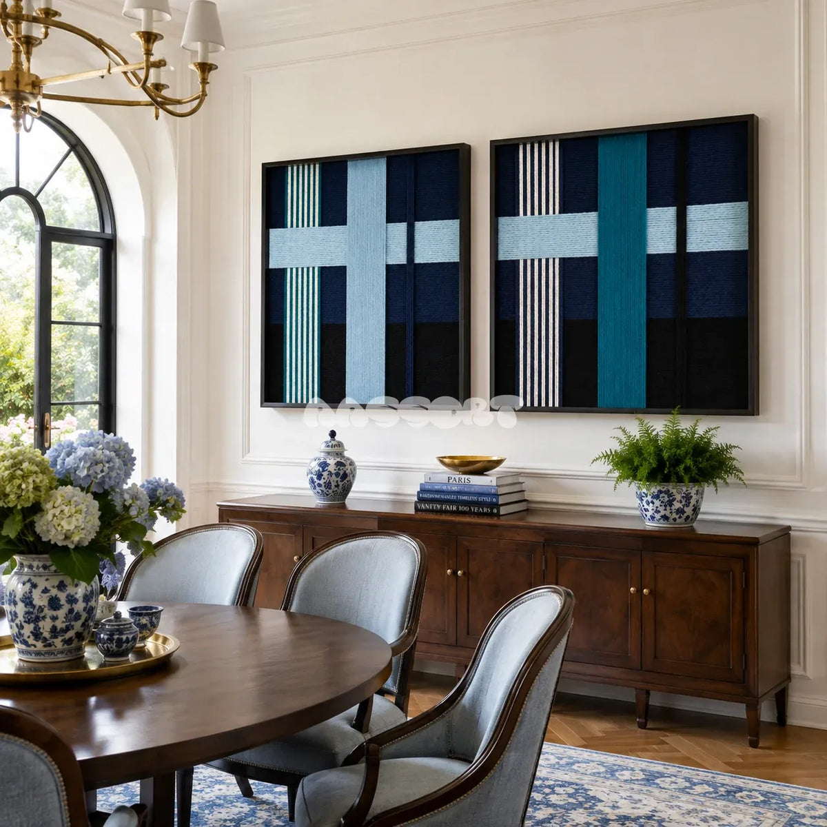 Glacial Stationeries tactile yarn wall decor bringing cool winter-seascape tones to a minimalist interior.