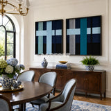 Glacial Stationeries tactile yarn wall decor bringing cool winter-seascape tones to a minimalist interior.