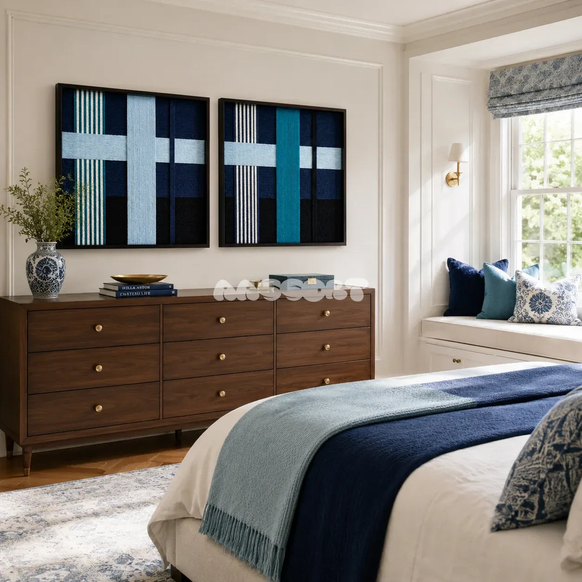 Glacial Stationeries soft cotton cord geometric diptych displayed in a light-filled contemporary living space.
