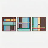 Front studio view of the Sedona Red Thread three-piece textured textile wall art set with teal, brown, beige, grey, green, and red geometric details on a white background.