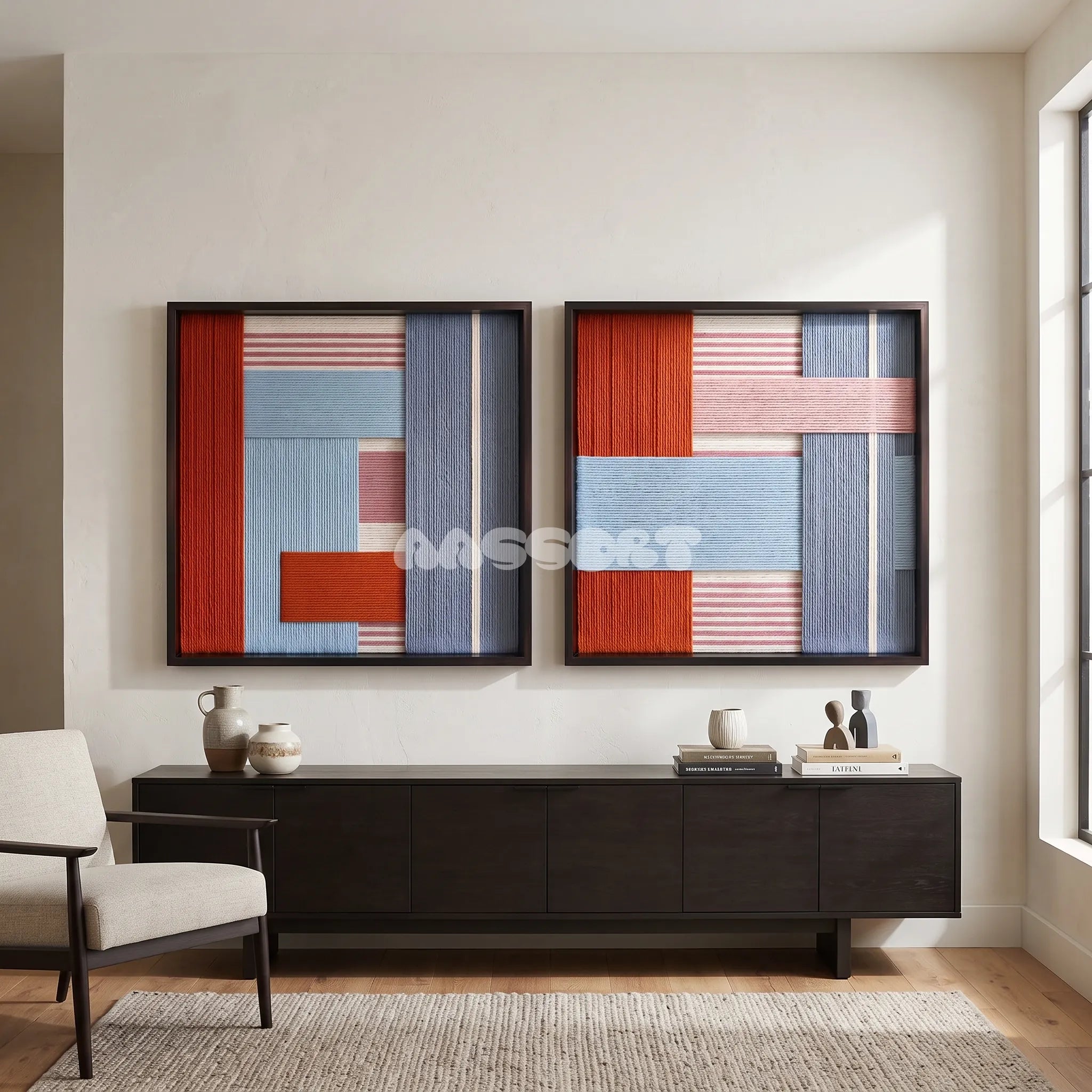 View of The Press Line framed textile wall art, featuring a two-piece geometric cotton cord composition in terracotta, sky blue, pink, and slate blue.