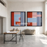 View of The Press Line framed textile wall art, featuring a two-piece geometric cotton cord composition in terracotta, sky blue, pink, and slate blue.