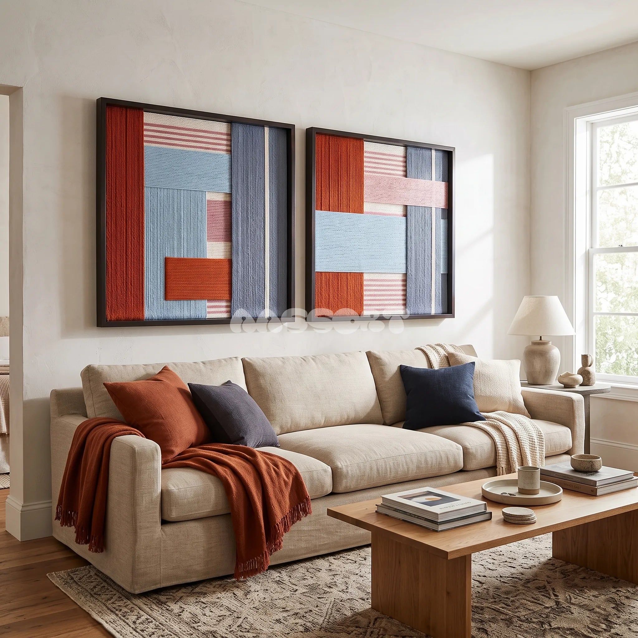 View of The Press Line framed textile wall art, featuring a two-piece geometric cotton cord composition in terracotta, sky blue, pink, and slate blue.