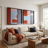 View of The Press Line framed textile wall art, featuring a two-piece geometric cotton cord composition in terracotta, sky blue, pink, and slate blue.