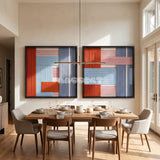 View of The Press Line framed textile wall art, featuring a two-piece geometric cotton cord composition in terracotta, sky blue, pink, and slate blue.