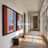 View of The Press Line framed textile wall art, featuring a two-piece geometric cotton cord composition in terracotta, sky blue, pink, and slate blue.