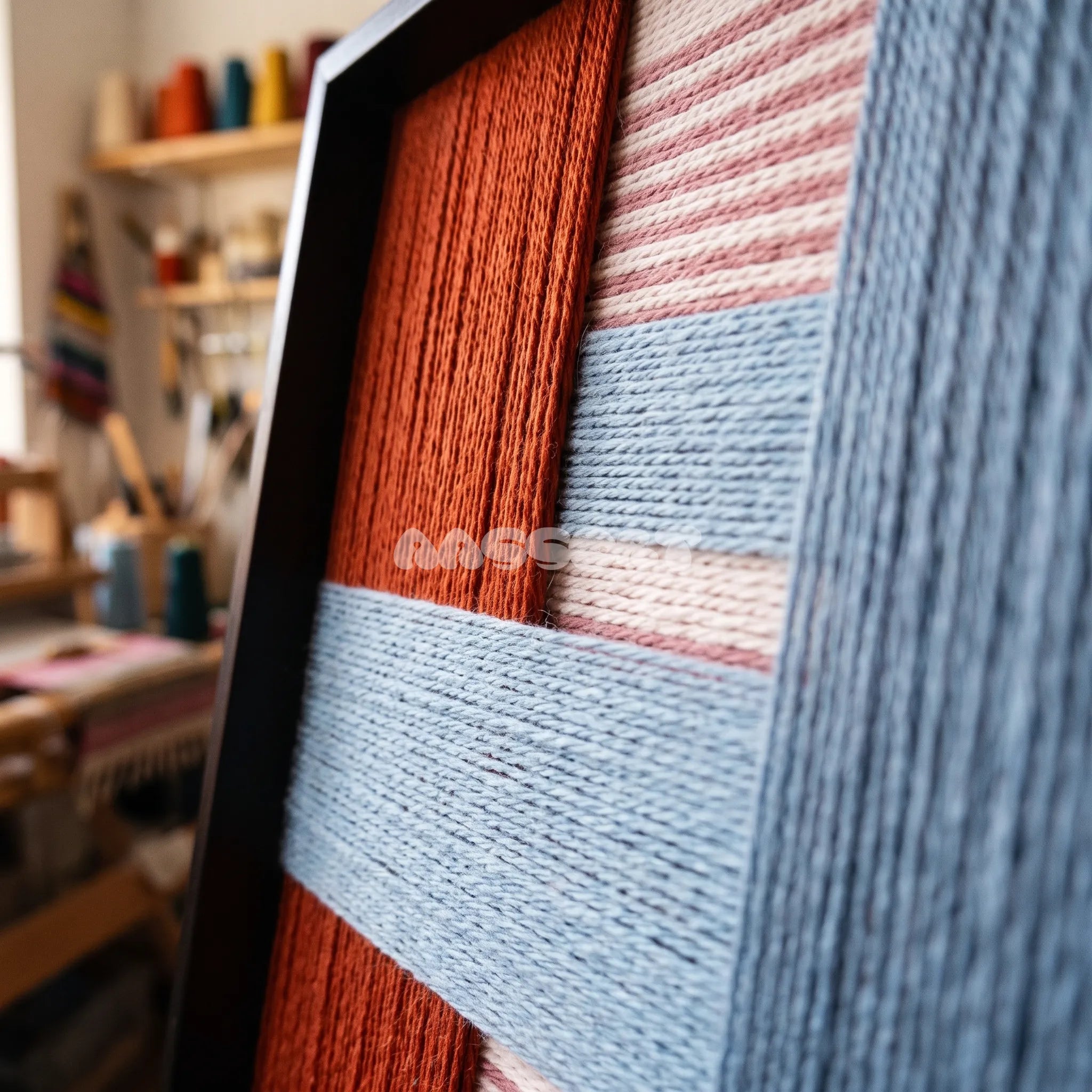 Detail of The Press Line framed textile wall art, featuring a two-piece geometric cotton cord composition in terracotta, sky blue, pink, and slate blue.