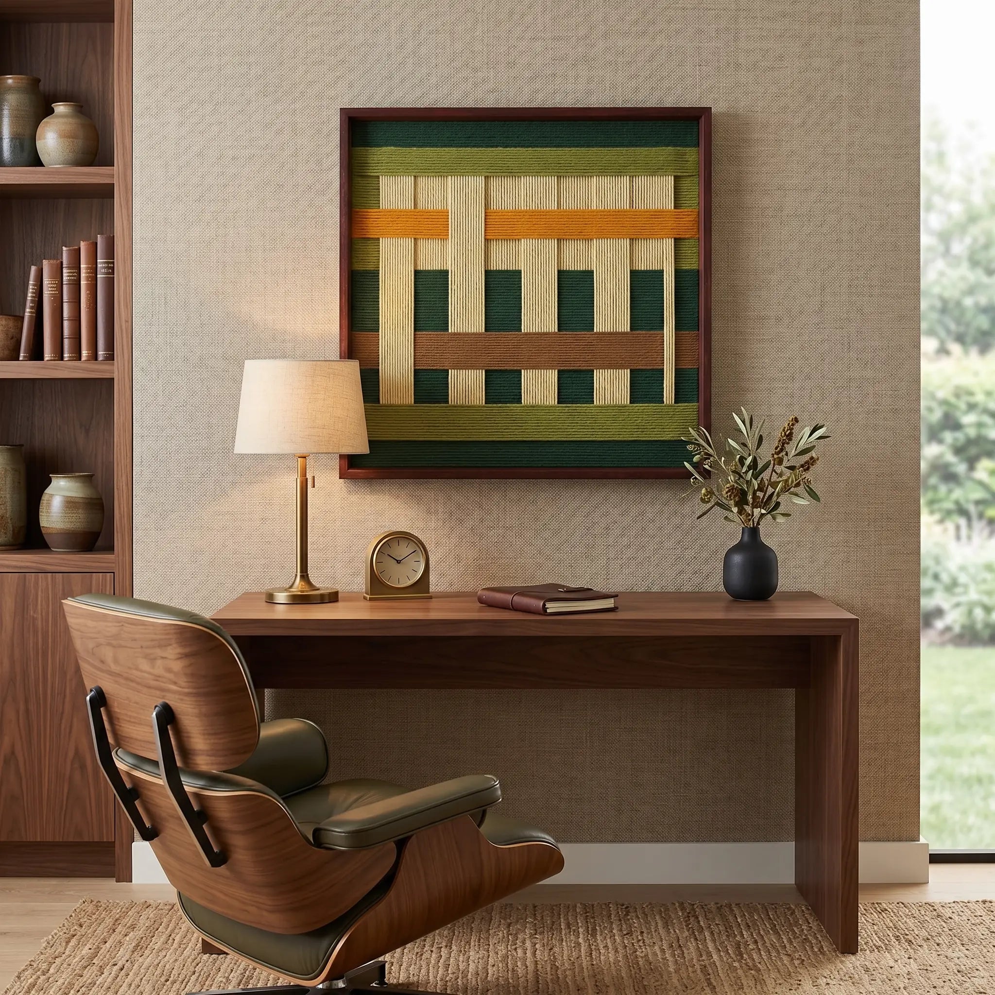 Hand-woven wool wall art with green, mustard, and brown geometric patterns hanging above a dark wood desk with a lounge chair.
