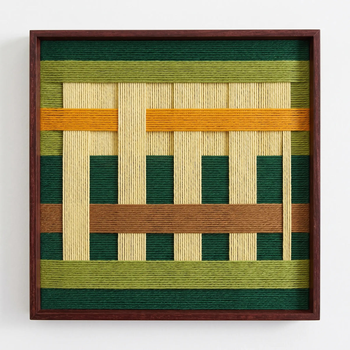 High-resolution front view of the Primitive Pulse soft cotton cord fiber artwork showing the intricate geometric weave and rich fiber textures in a dark frame.