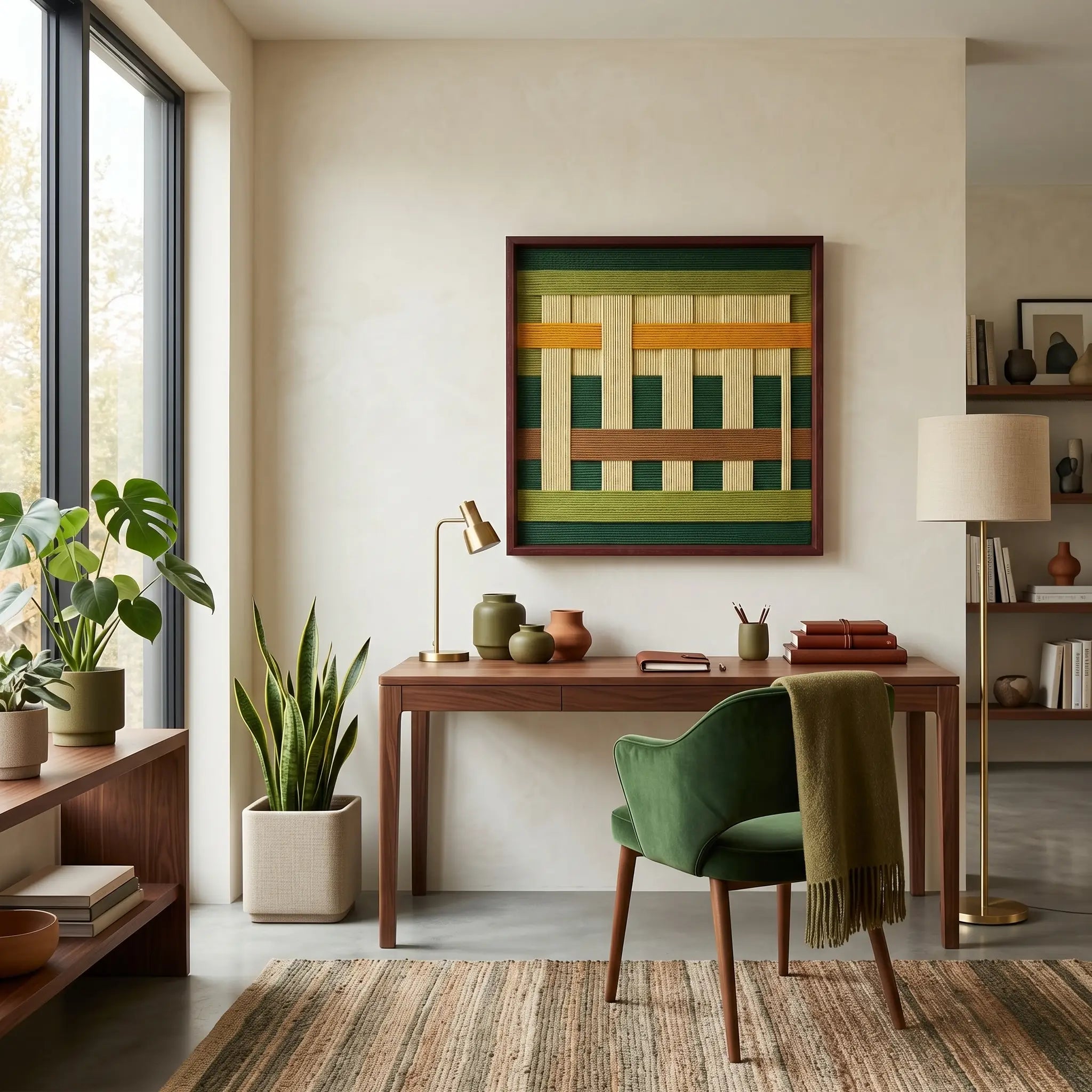 Vertical view of the hand-woven wool tapestry in a home study setting featuring a wooden desk, green chair, and indoor plants.