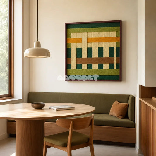 Primitive Pulse green amber and cream textile wall art styled above a built-in bench in a bright modern dining nook.