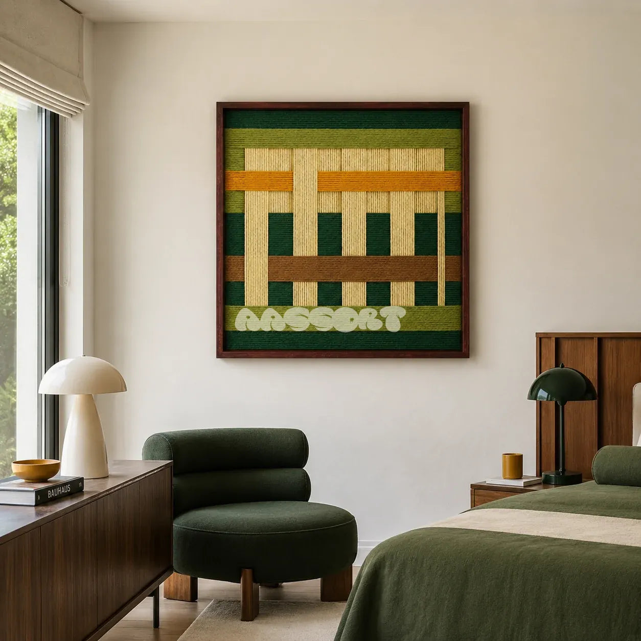 Primitive Pulse green amber and cream textile wall art featured in a modern bedroom with forest green furnishings.