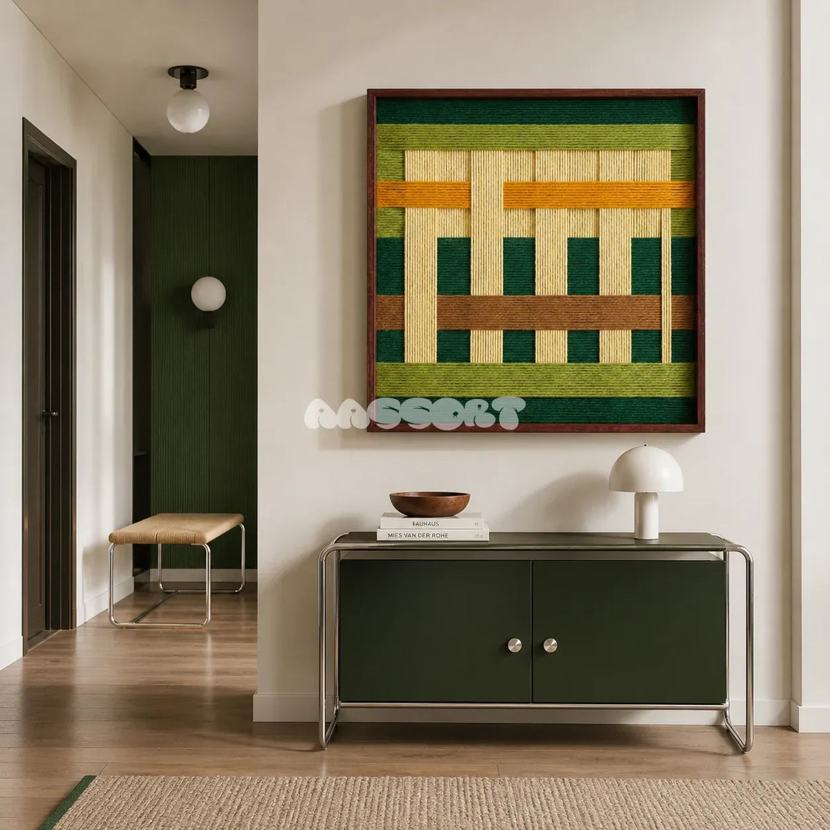 Primitive Pulse green amber and cream textile wall art displayed above a dark green console in a clean modern entryway.