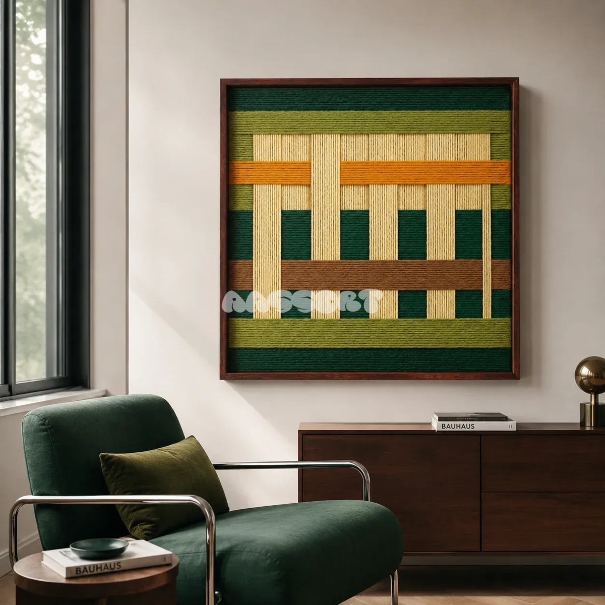 Primitive Pulse green amber and cream textile wall art displayed above a walnut sideboard in a sunlit reading corner.