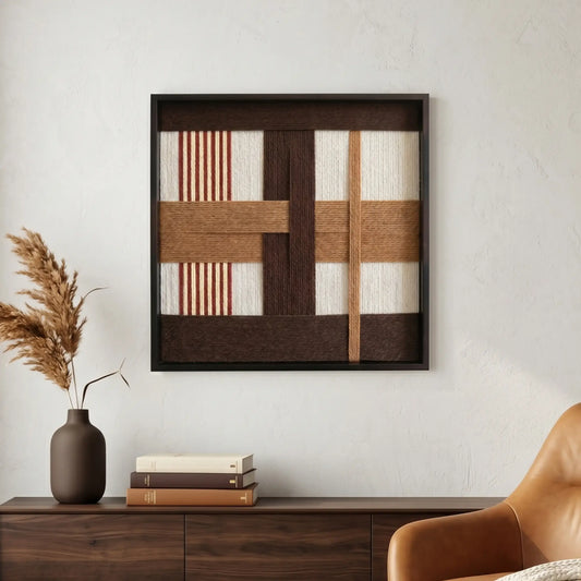 Framed textured fiber wall art in brown and ochre styled above a dark wood sideboard with minimalist pottery and pampas grass.