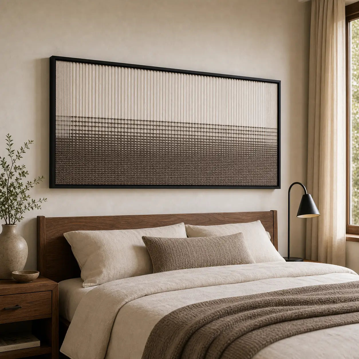 A beautiful hand-woven wool tapestry displayed beautifully above a styled bed with brown accents in a warm, cozy bedroom.