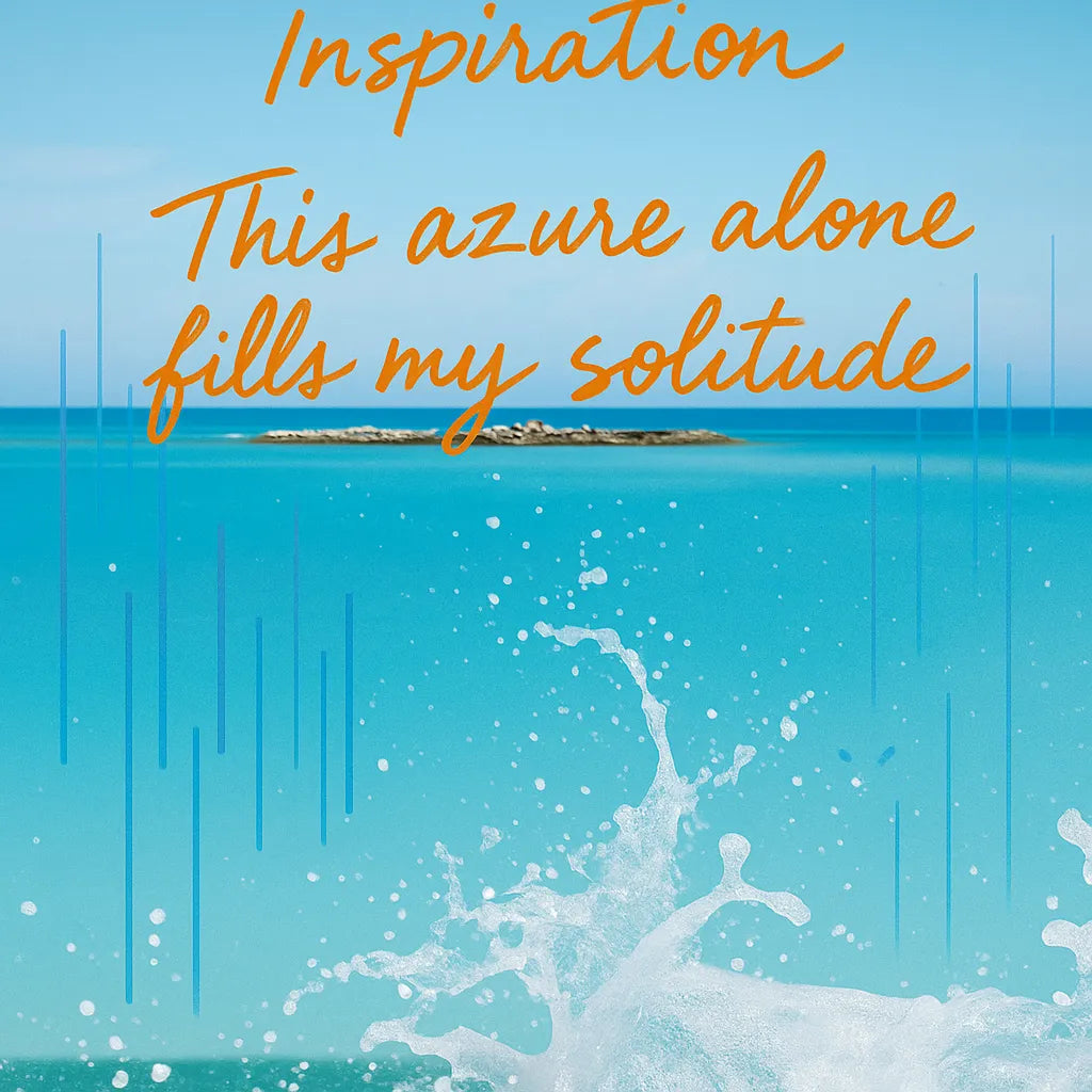 Inspiration graphic for Radiant Azure wall art with ocean horizon imagery and poetic quote about tranquility
