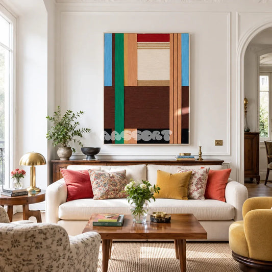 Wild RE001 framed textile art with earthy brown, emerald green, sky blue, cream, and red geometric yarn blocks in a modern interior.