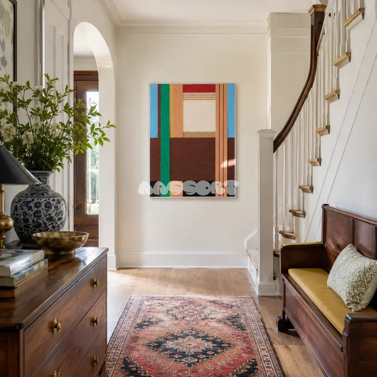 Wild RE001 geometric textile wall art displayed in a contemporary living space with warm natural materials.