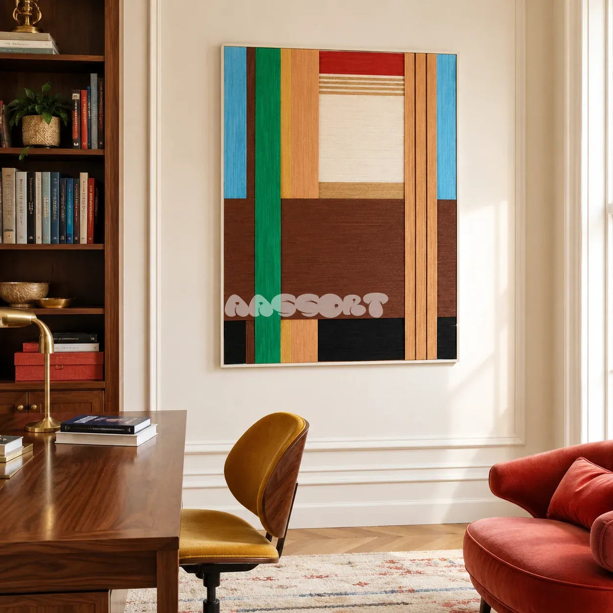 Wild RE001 framed fiber artwork featuring structured brown, green, blue, cream, and red color blocks in a styled interior.