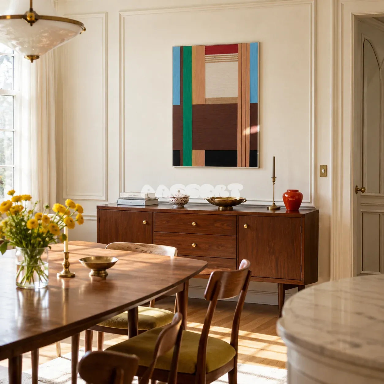 Wild RE001 abstract textile artwork with architectural color blocking displayed in a modern home setting.