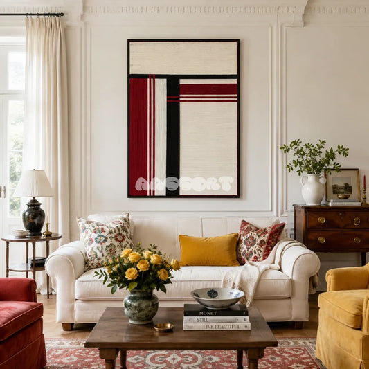 Napoli RE002 framed textile art with crimson red, off-white, and black geometric yarn blocks displayed in a modern interior.
