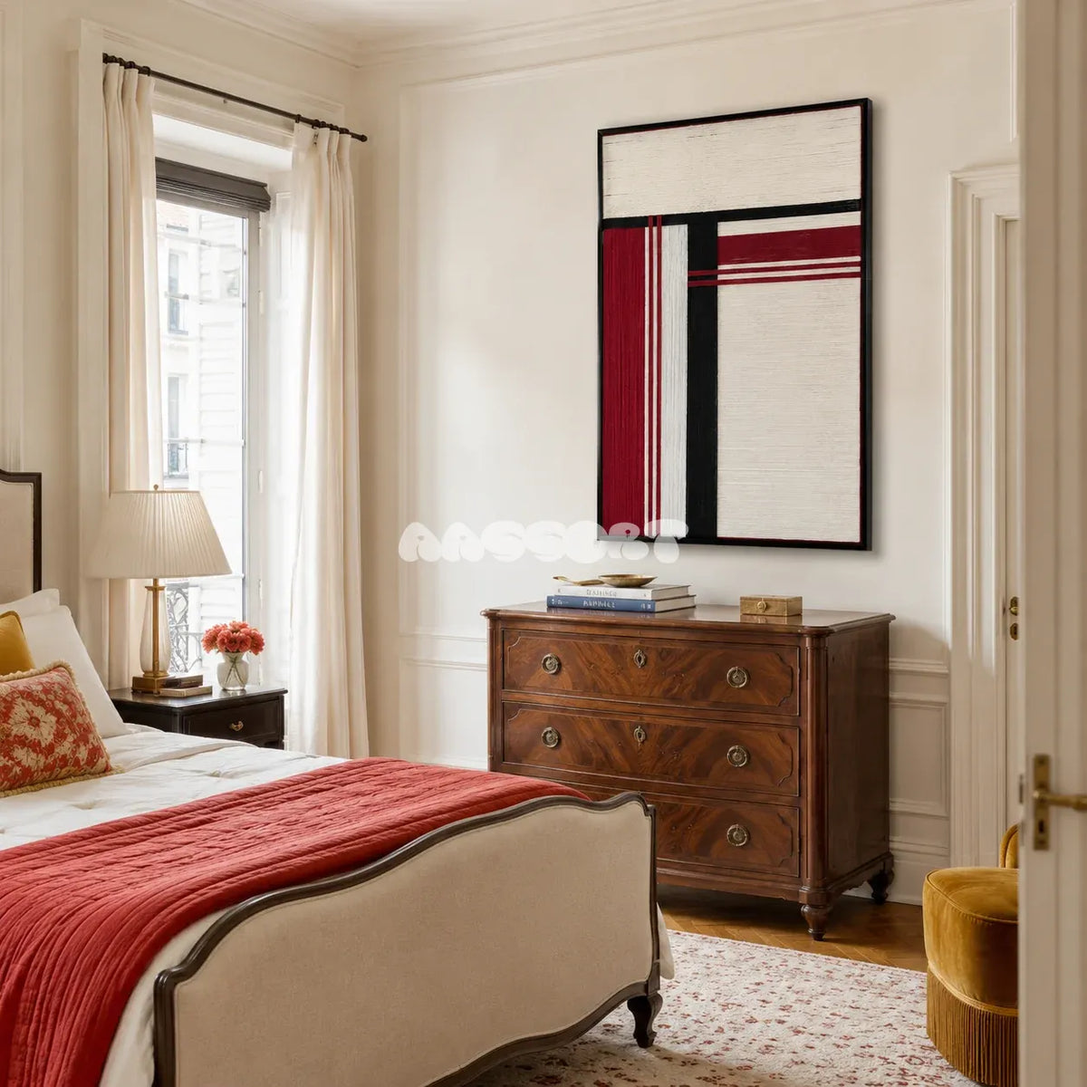 Napoli RE002 red, white, and black geometric textile wall art styled as a contemporary interior focal point.