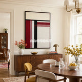 Napoli RE002 framed fiber artwork featuring high-contrast red, cream, and black color blocking in a modern room.