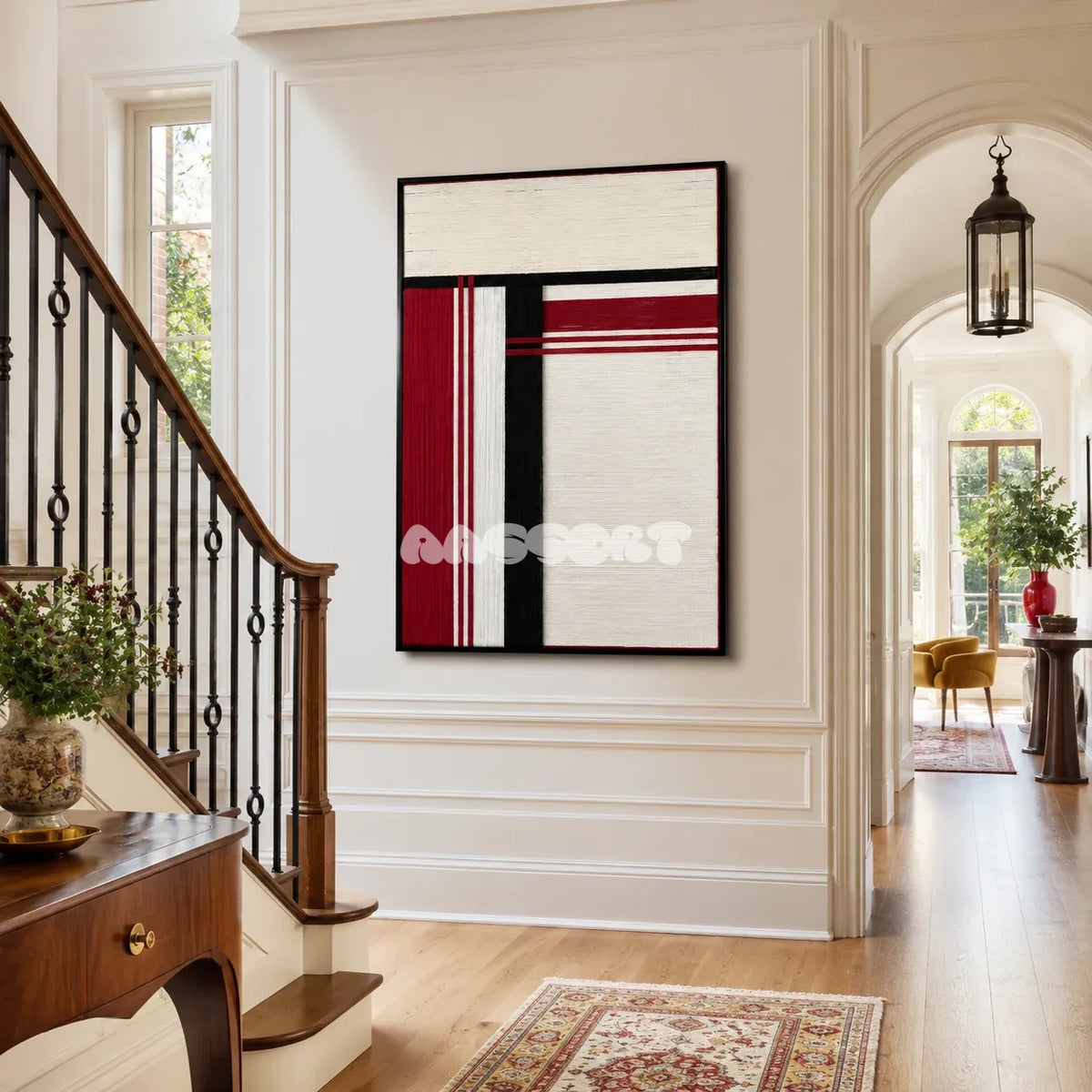 Napoli RE002 abstract textile artwork with architectural red and black lines displayed in a stylish interior.