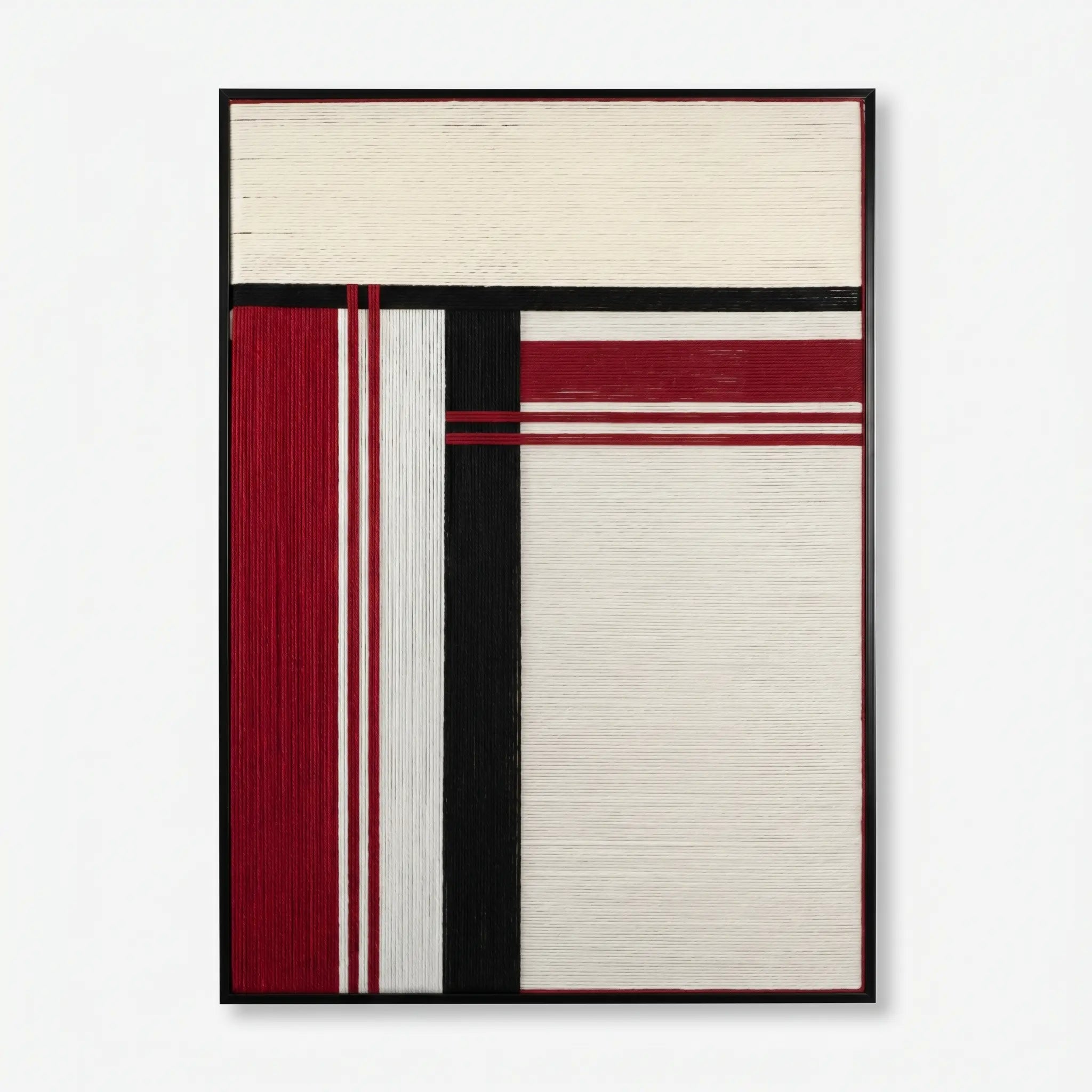 Front view of Napoli RE002 red, white, and black geometric textile wall art on a plain white background.