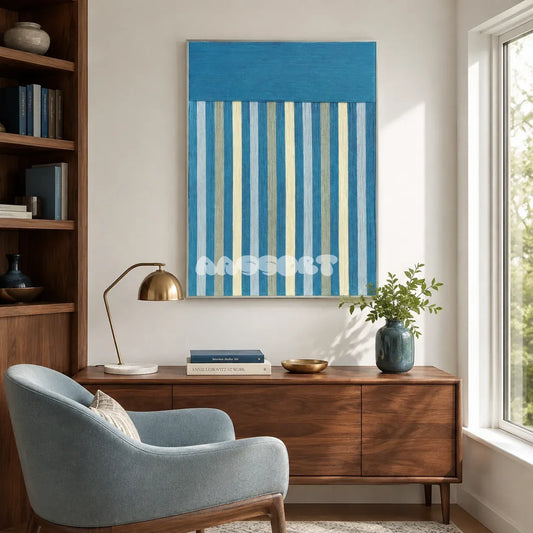 Blue Night RE003 framed textile art with teal, ice blue, silver gray, and cream vertical yarn stripes displayed in a calm modern interior.