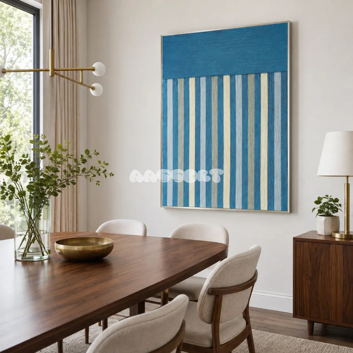 Blue Night RE003 framed fiber artwork featuring a deep teal upper field and flowing blue, gray, and cream vertical stripes.