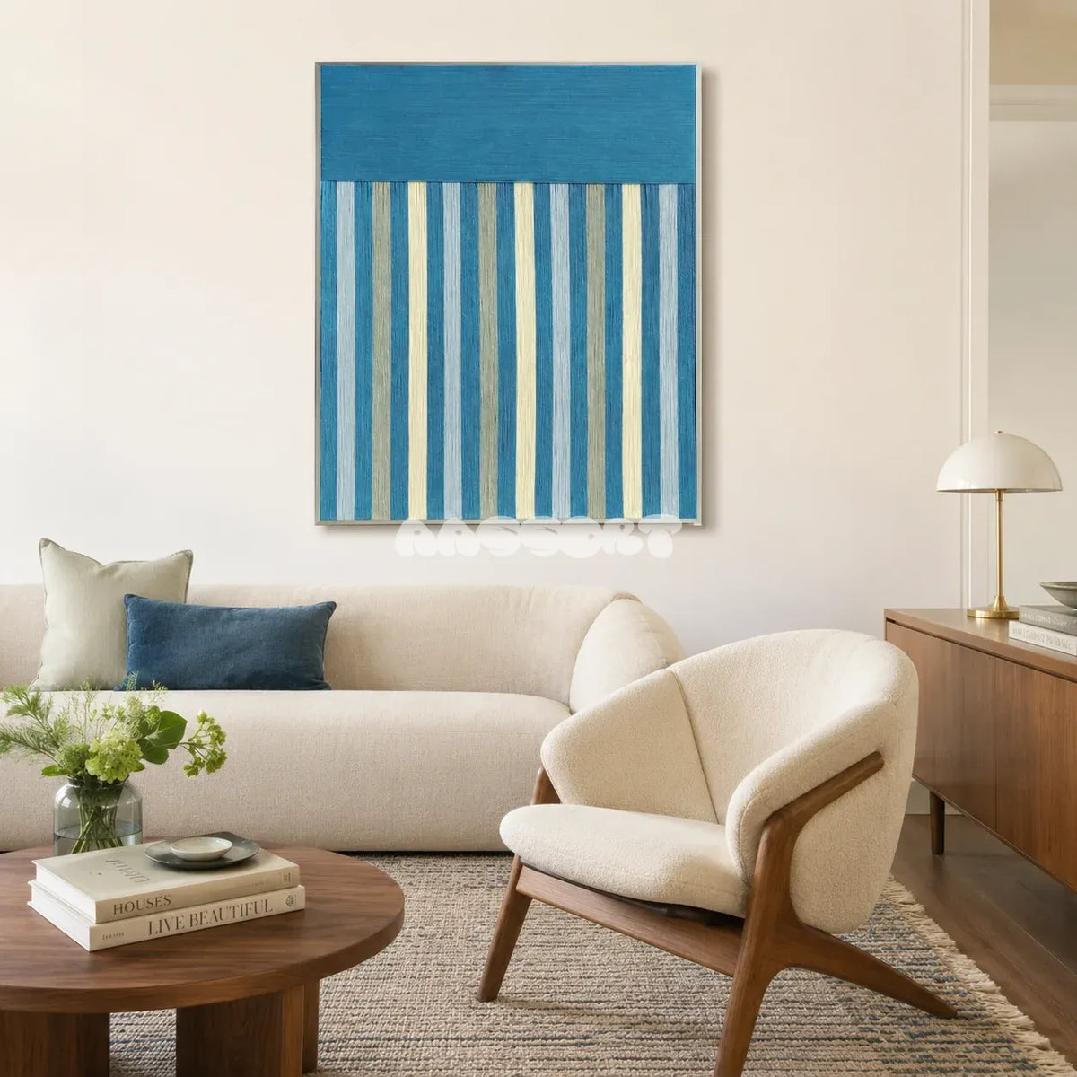 Blue Night RE003 soft cotton cord wall art displayed in a refined modern home setting with cool tones.