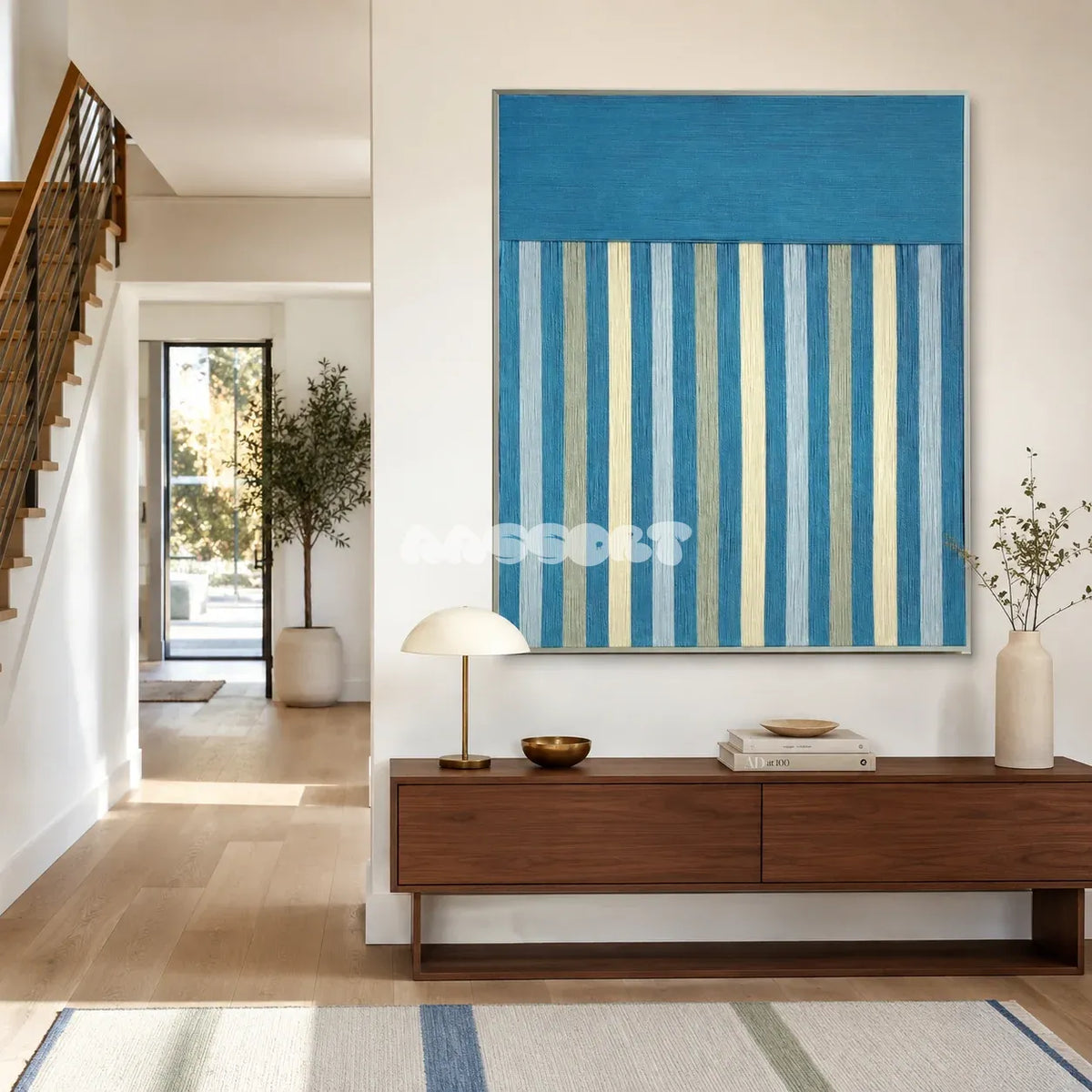 Blue Night RE003 abstract textile artwork with rain-like vertical stripes presented in a peaceful interior.